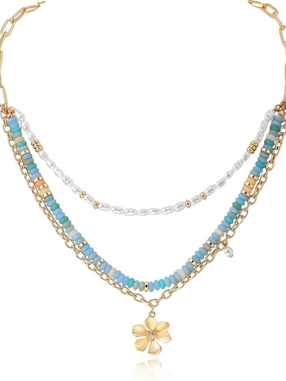 Layered Women's Necklaces, Blue Beaded Flower Pendant, Boho Chic Jewelry